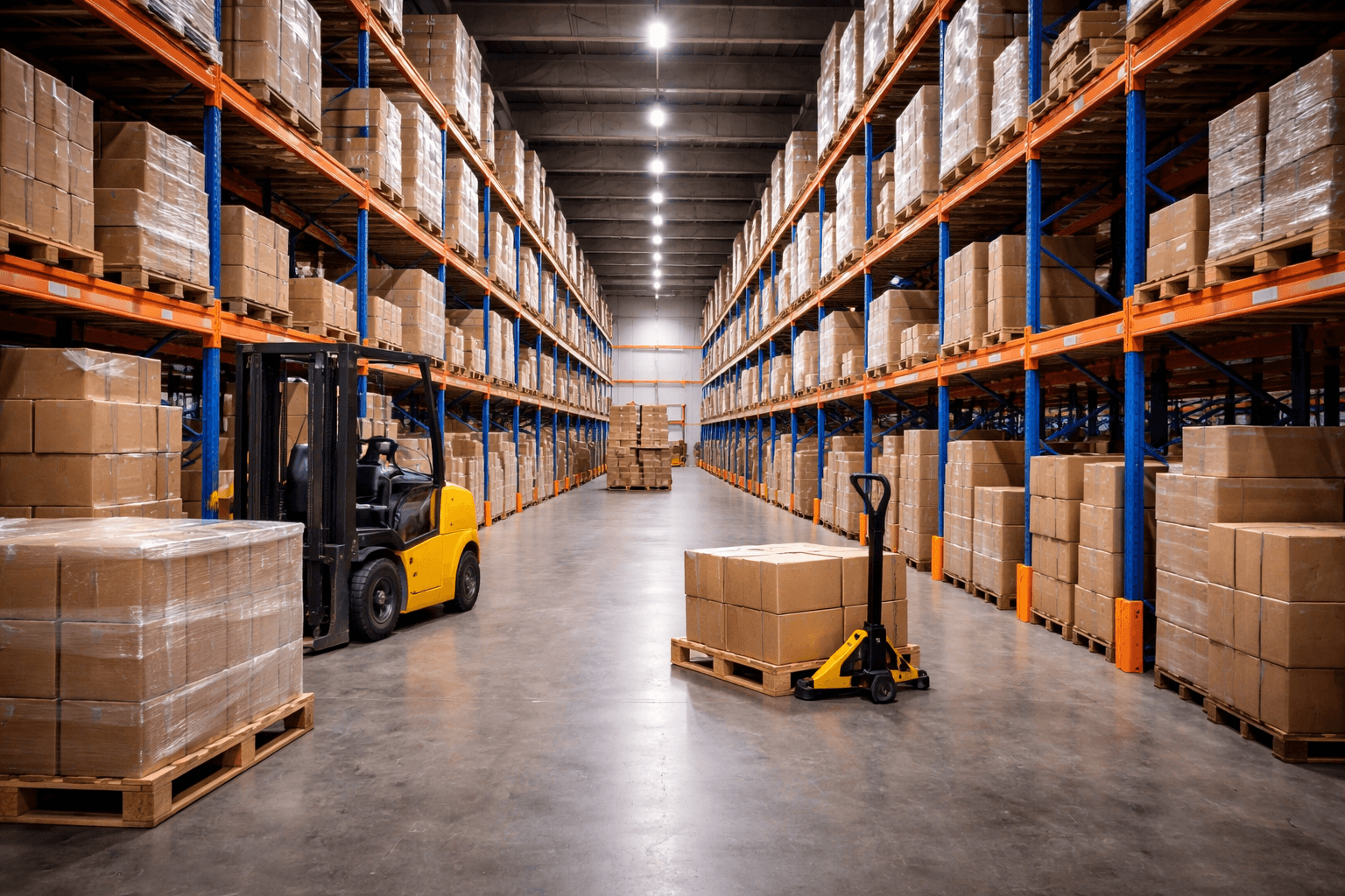 Warehouse shelving with stacked boxes